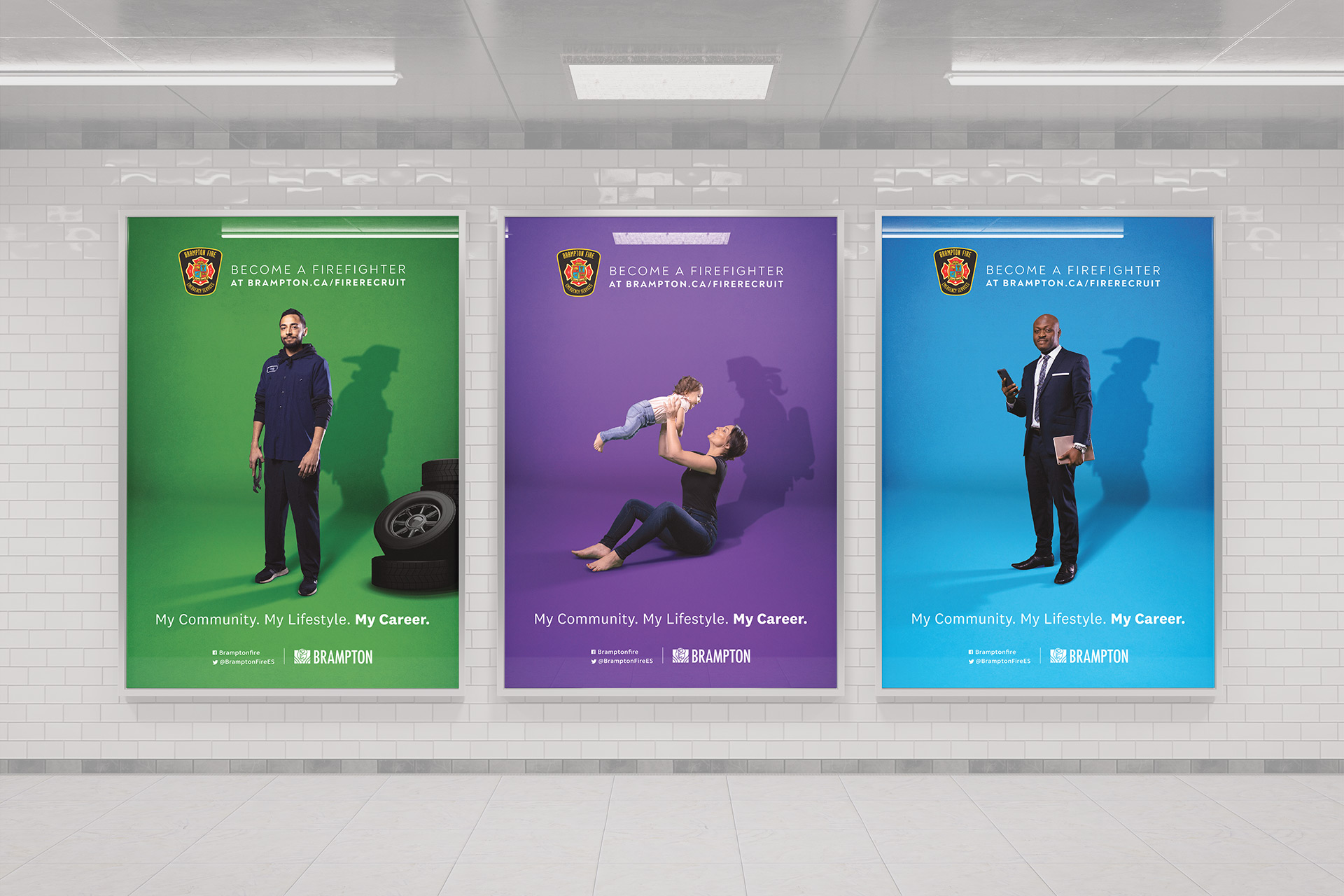 3 branding campaigns of people in their daily life with a shadow of them becoming a firefighter 