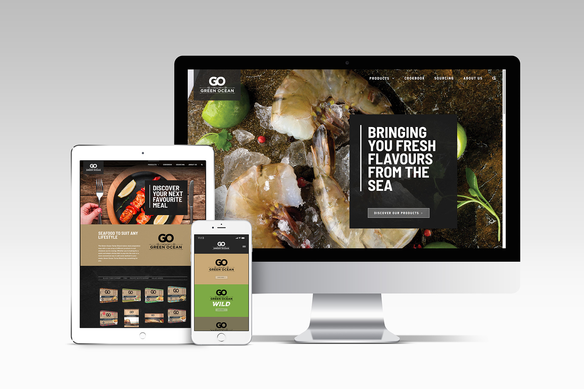 Go Seafood website seen by mobile, tablet and desktop.