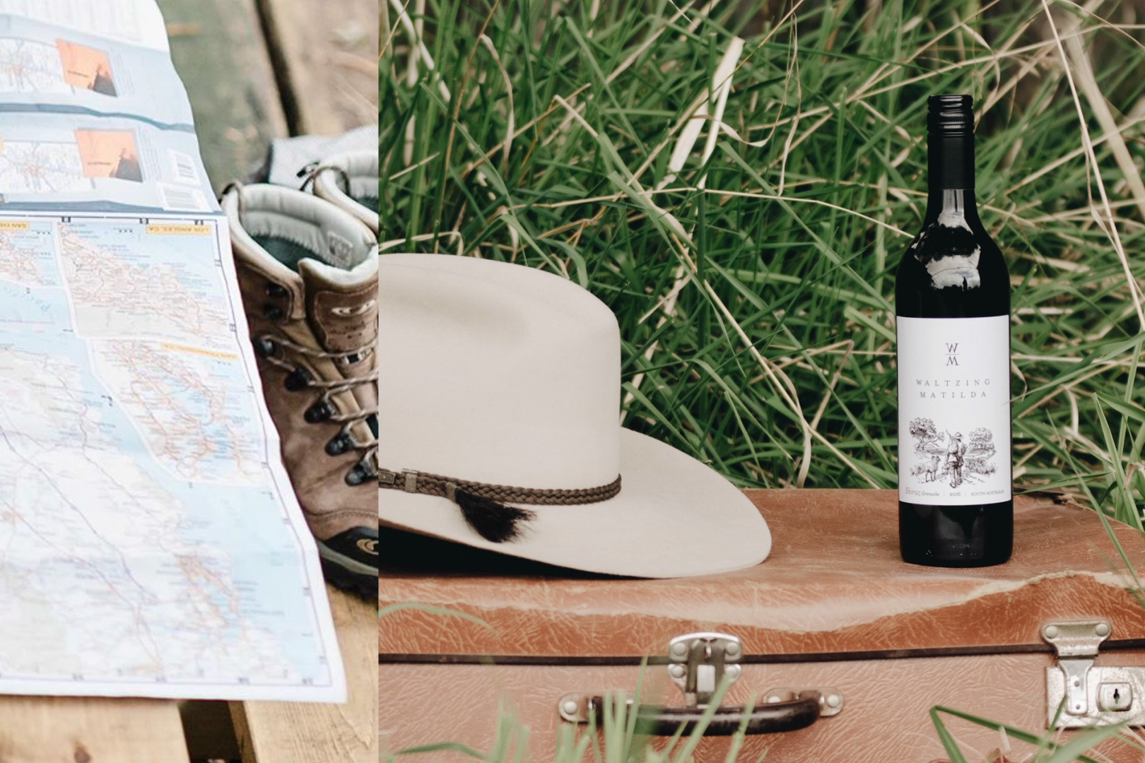 a picture of a map, a shoe, a bottle of wine and a hat