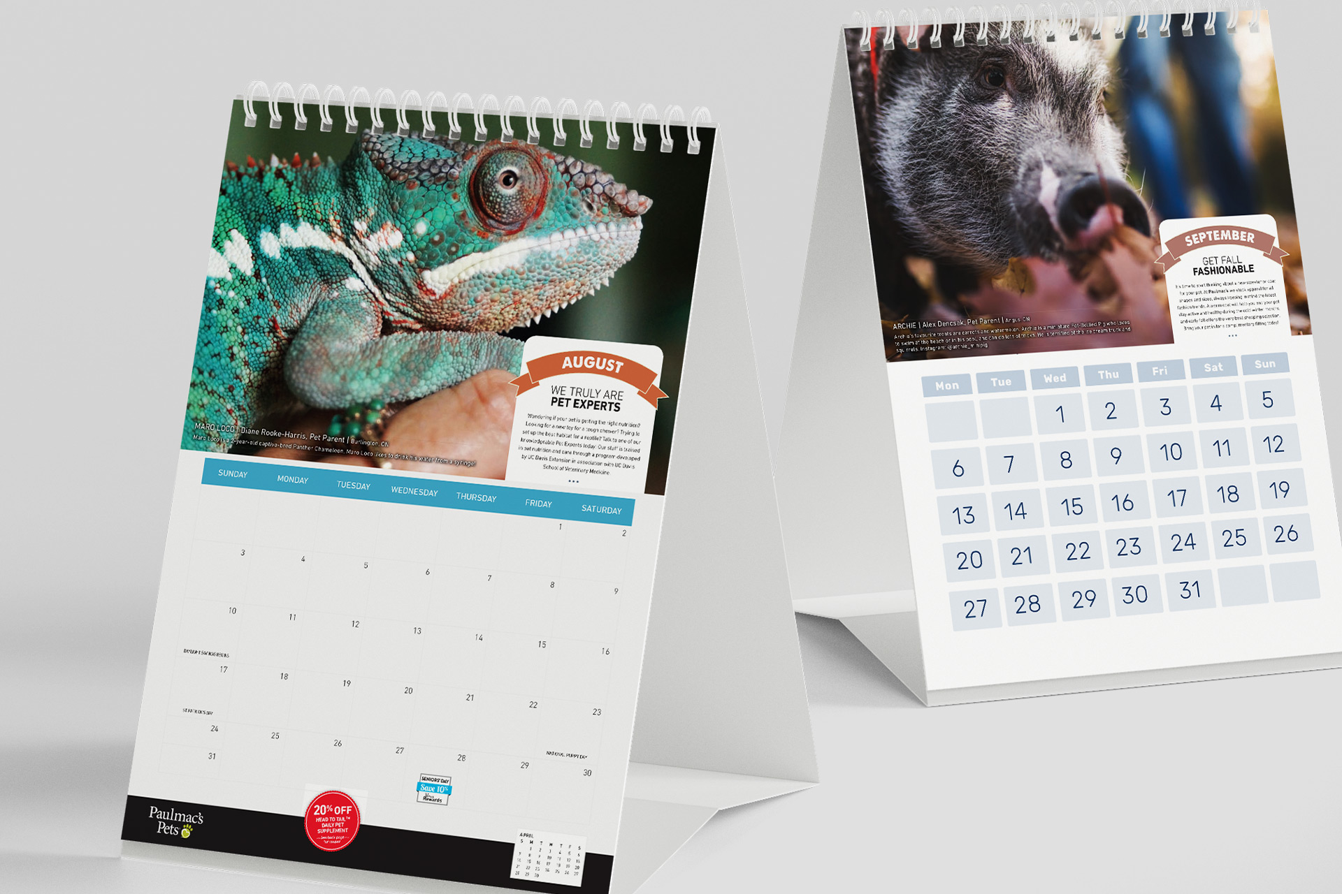 Small standing print calandars made for Pet Valu