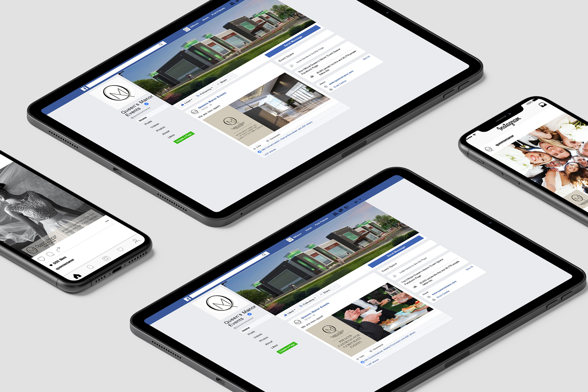 2 ipads and 2 iphones showing the facebook ads.